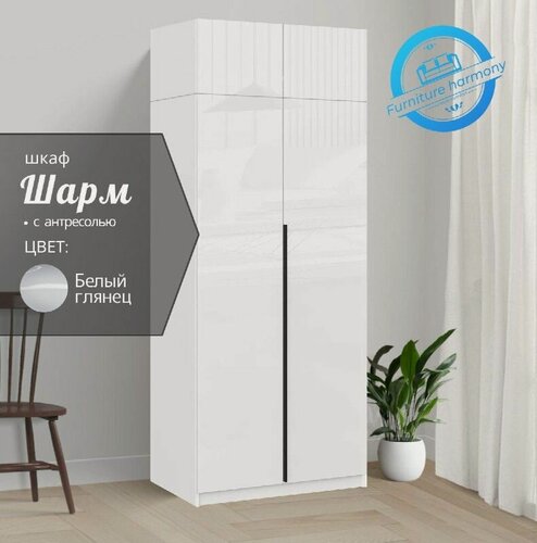 Изображение товара Шкаф распашной для одежды Шармэ белый/белый глянец, 2-х дверный, с доводчиками, со штангой и антресолью 80.1х50.6х260 см