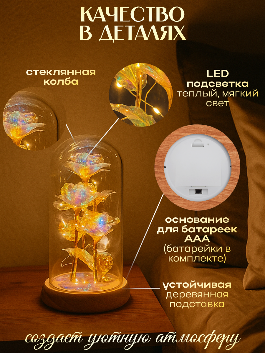 Роза в колбе ESEMA, с подсветкой RGB, на батарейках, настольная Прозрачная — фото 1