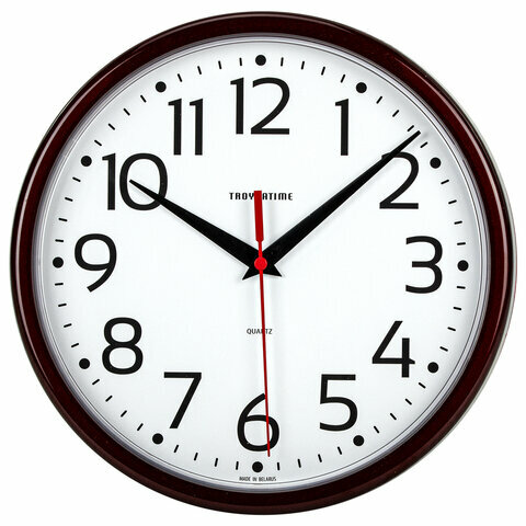 Часы настенные TROYKATIME (TROYKA) 91931912, круг, белые, коричневая рамка, 23х23х4см