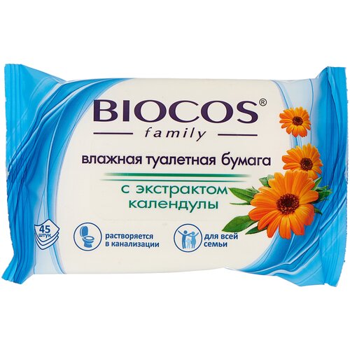 Влажная туалетная бумага BioCos Для всей семьи с экстрактом календулы 45 лист., белый бумага туалетная biocos 45шт влажная для детей