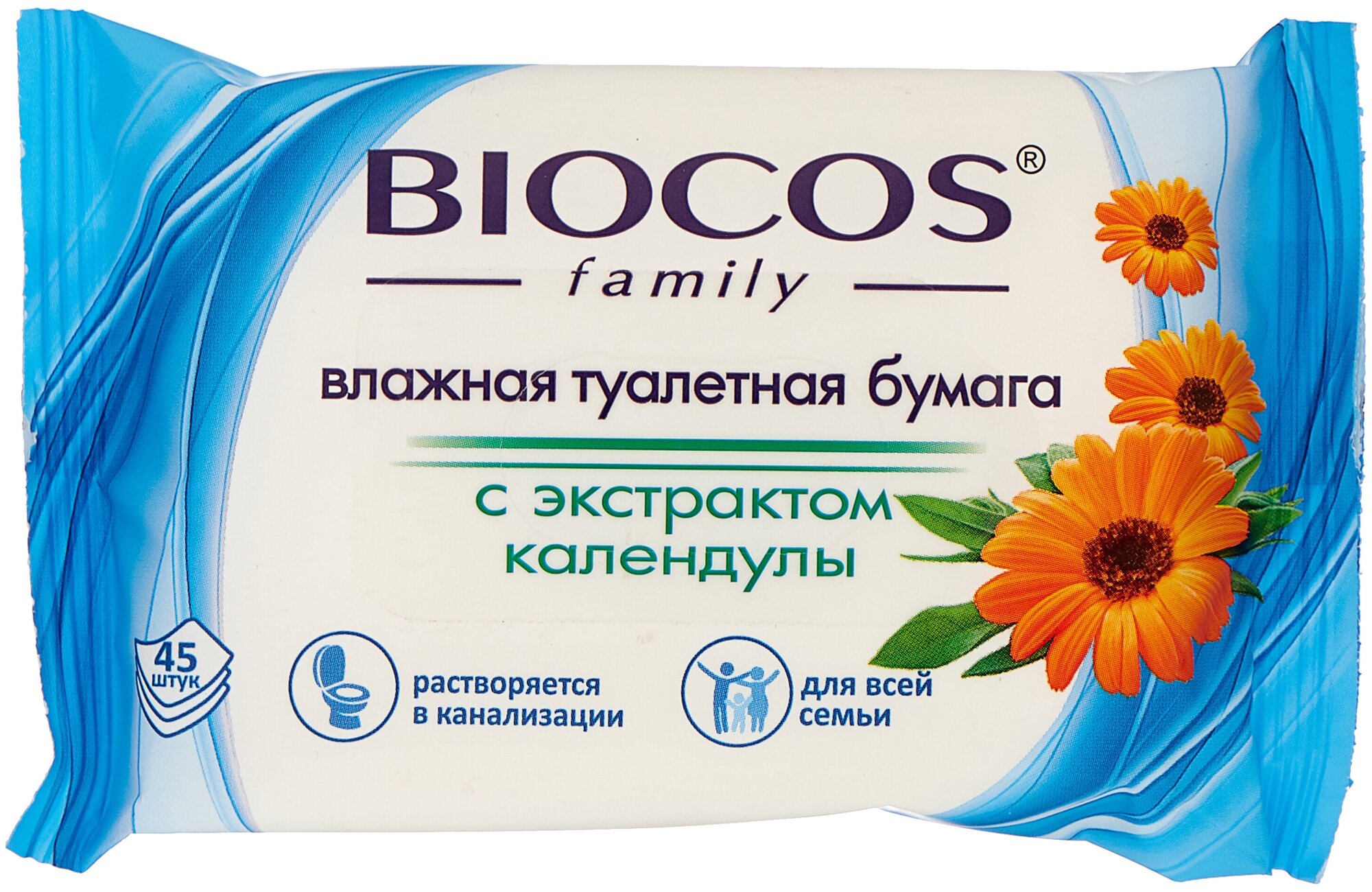 Влажная туалетная бумага BioCos Для всей семьи с экстрактом календулы 45 лист, белый