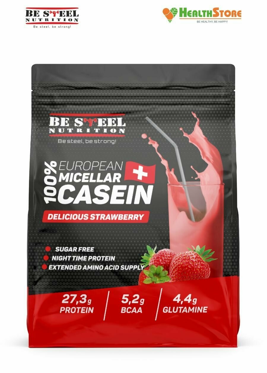 Казеиновый протеин, казеин Be Steel Nutrition 100% European Micellar Casein 750г (клубника)