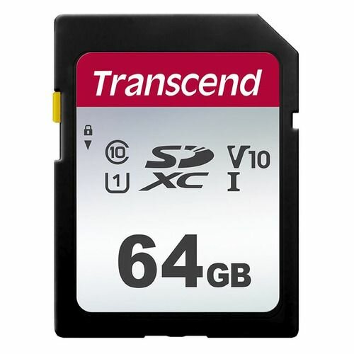 Карта памяти SDXC UHS-I U1 Transcend 300S 64 ГБ, 100 МБ/с, Class 10, TS64GSDC300S, 1 шт, без адаптера