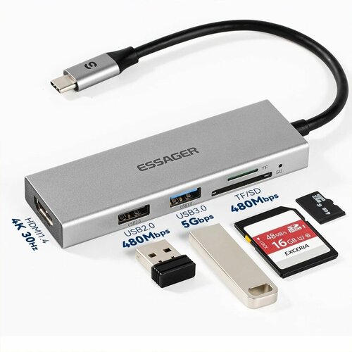 USB-концентратор Essager 5 в 1 USB Type-C серый 80000₽