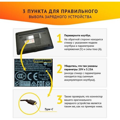 Блок питания для ноутбука Dell 20V 3.25A, 65W Type-C