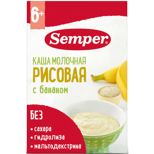 Каша Semper молочная рисовая с бананом, с 6 месяцев печенье детское semper с 12 месяцев вишня без сахара 80 г
