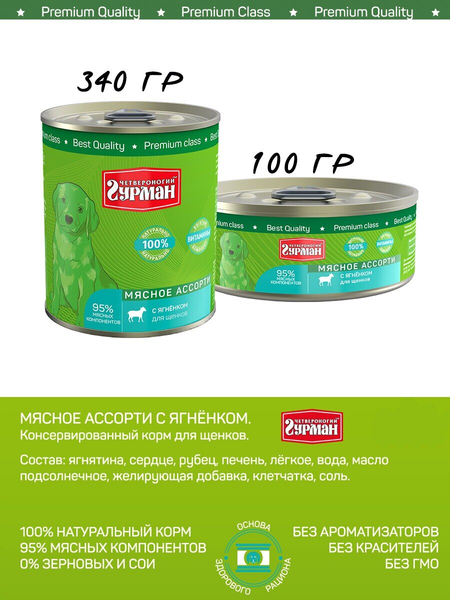 Влажный корм Четвероногий гурман Мясное ассорти для щенков, ягненок, 340г - фото №20