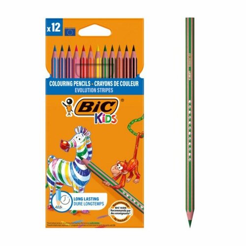 BIC Карандаши цветные 12 цветов , BIC Kids Evolution Stripes, пластиковые, детские