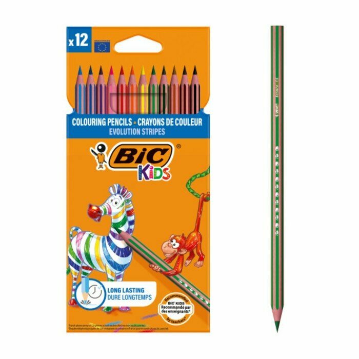BIC Карандаши цветные 12 цветов , BIC "Kids Evolution Stripes", пластиковые, детские