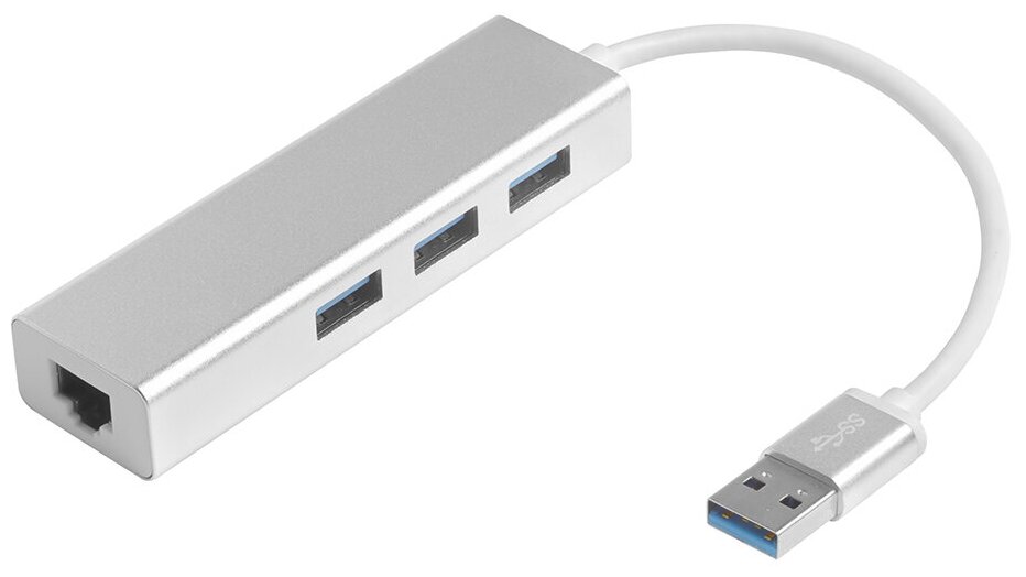 Разветвитель USB 3.0 на 3 порта + Ethernet RJ-45 (GCR-AP05), белый;серебристый, м