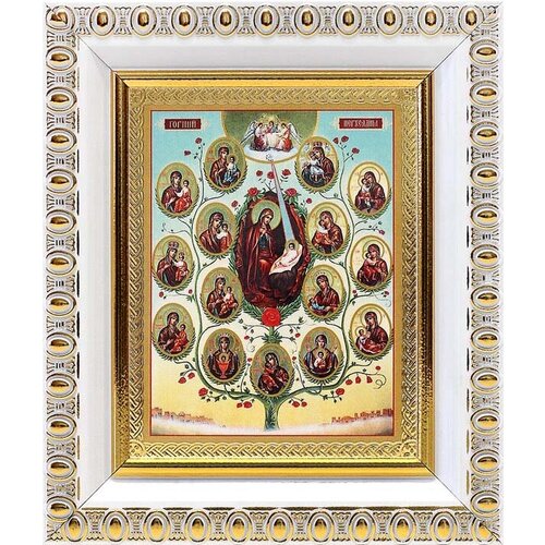 Древо Пресвятой Богородицы, икона в белой пластиковой рамке 8,5*10 см