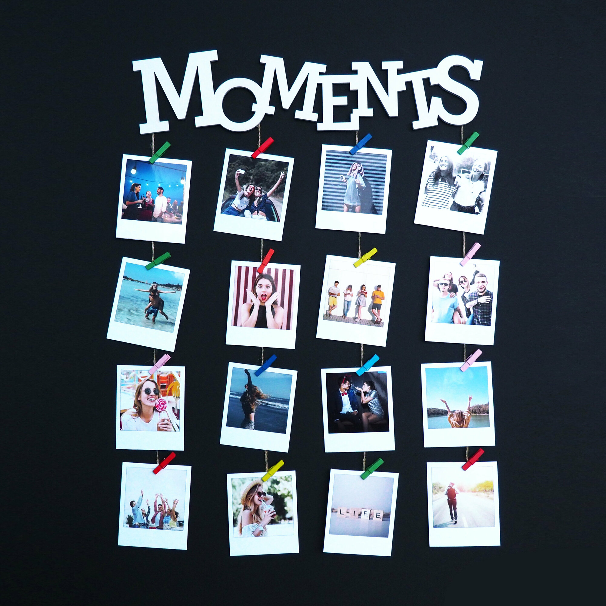 Фоторамка с прищепками "Moments" на 30 фотографий, белый, рамка для фото, держатель для фотографий, мультирамка, фоторамка коллаж из дерева