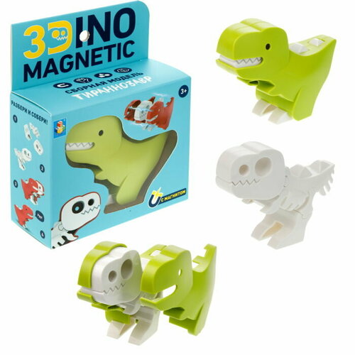 Игрушка динозавр 1TOY 3Dino Magnetic Тираннозавр, сборный, с магнитом, для развития моторики и сил рук, цвет зеленый