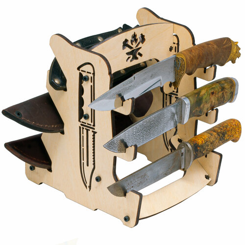 Стойка для коллекционных ножей. 3 слота с ячейками для ножен. Неокрашенная.