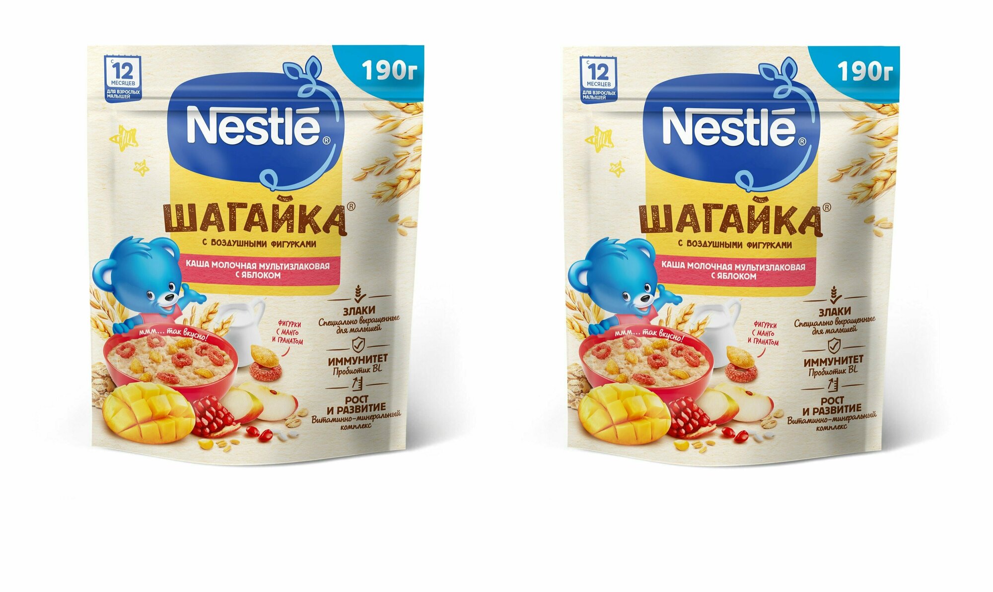 Каша молочная Nestle мультизлаковая с фигурками из пшеницы яблоко-манго-гранат с 12 месяцев 190 г 2 шт