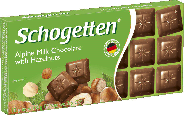Шоколад Schogetten молочный альпийский с фундуком 100 г (MILK CHOCOLATE WITH HAZELNUTS)