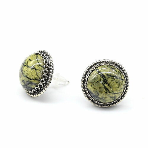 Серьги пусеты Радуга Камня, змеевик, черный, зеленый