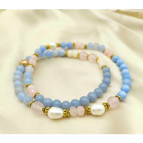 Браслет Mala Jemma, кварц, халцедон, жемчуг культивированный, агат, нефрит, размер one size, голубой, белый