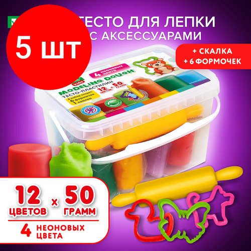 Комплект 5 шт, Пластилин-тесто для лепки BRAUBERG KIDS, 12 цветов, 600г, 6 формочек, 1 скалка, ведерко, 106721, TA1068V