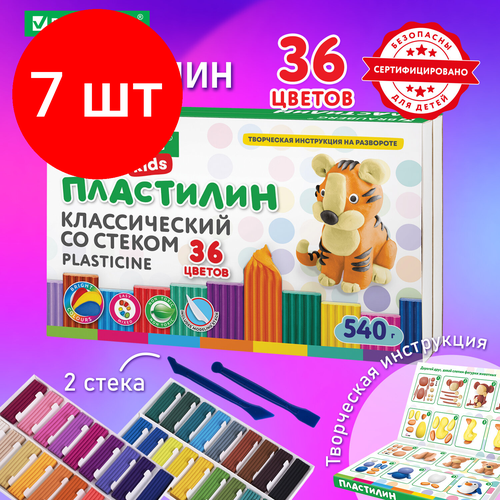 Комплект 7 шт, Пластилин классический BRAUBERG KIDS, 36 цветов, 540 грамм, стек, высшее качество, 106678