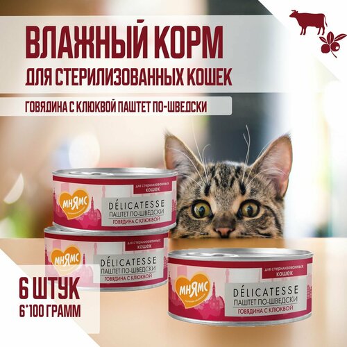 Влажный корм Мнямс для стерилизованных кошек "Паштет по-шведски", Говядина с клюквой, 100г х 6шт