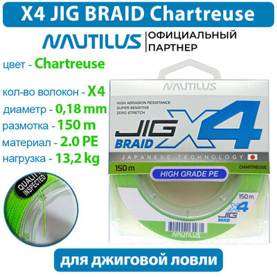 Шнур Nautilus X4 Jig Braid Chartreuse d-0.18мм 13.2кг 2,0PE 150м