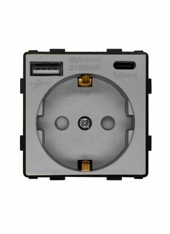 Модуль розетки серый с USB и Type-C для рамки на 16А со шторками и заземлением