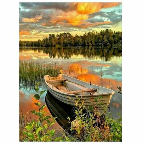 Алмазная мозаика на подрамнике Картина стразами Лодка на закате 40х50 сложность 5 цветов 22 Komas 1099₽