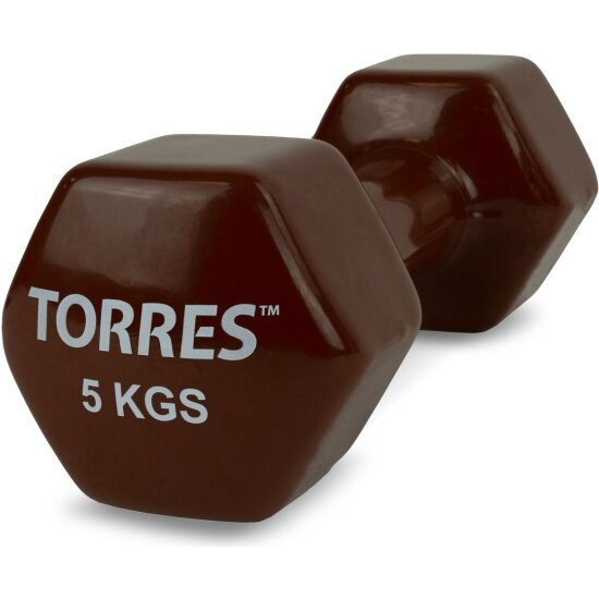 Гантель Torres PL522207 5кг, металл в виниловой оболочке, форма шестигранник, коричневый