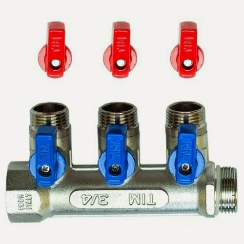 Изображение товара Коллектор распределительный с шаровыми кранами 3/4", 3 отвода 1/2", красные и синие ручки