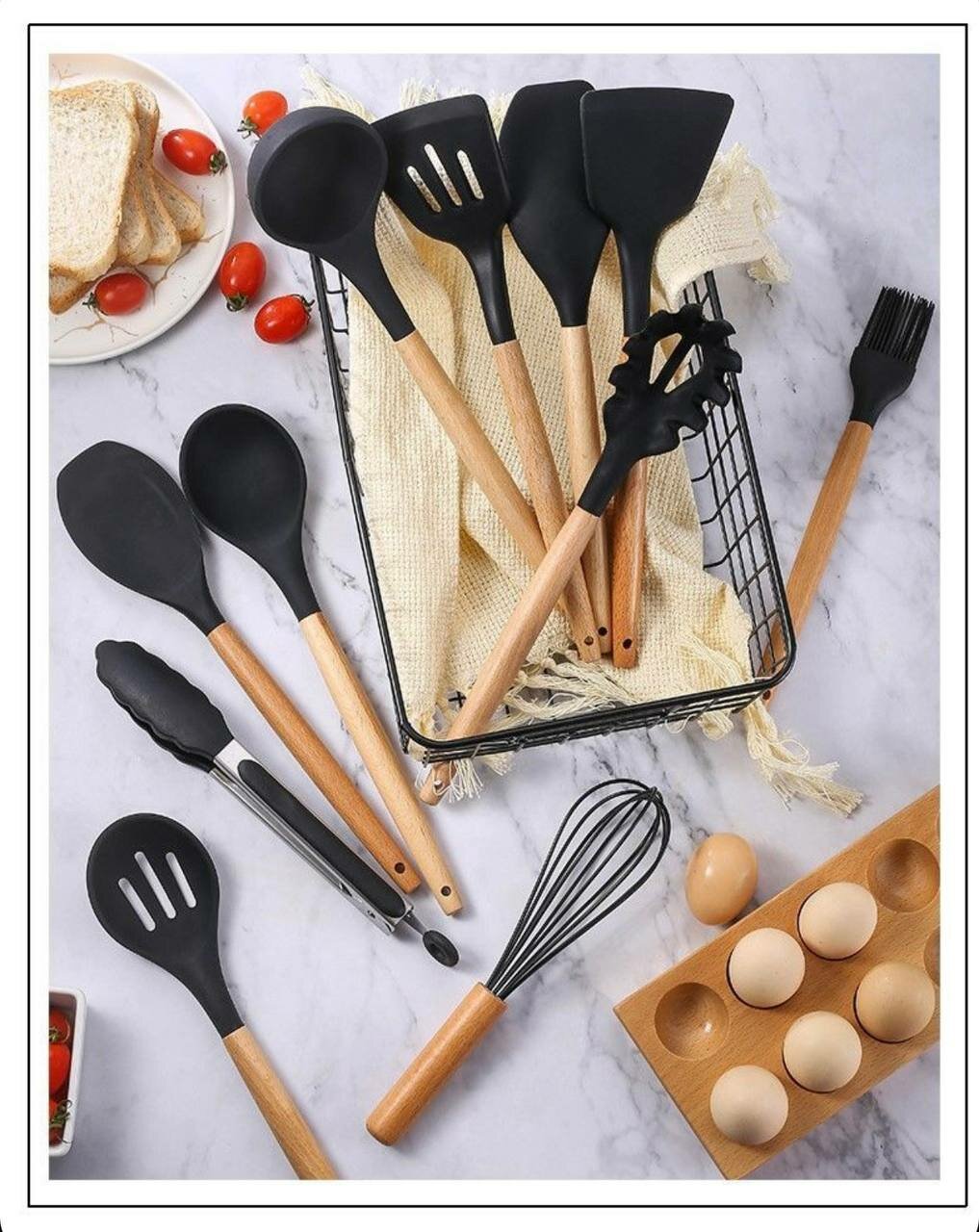 Картинки Набор кухонных принадлежностей Kitchen Set, черный, дерево и силикон, 12 предметов