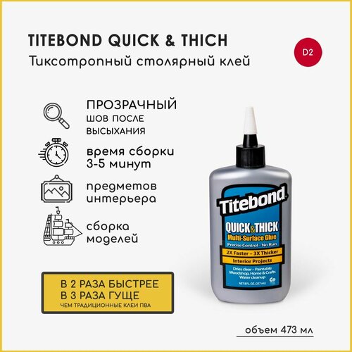 фото Тиксотропный прозрачный клей пва titebond quick & thick, 237 мл