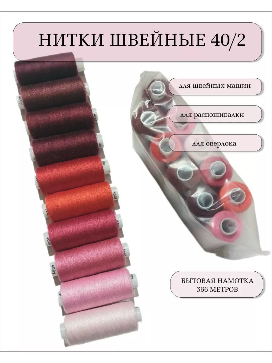 Набор швейных ниток "ФурнитураShop" 10 штук 100 % полиэстер цвет красный
