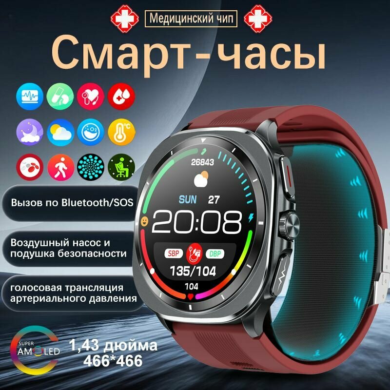 Умные часы с точным измерением артериального давления, ЭКГ-мониторингом сердечного ритма для мужчин и женщин, неинвазивным мониторингом уровня глюкозы в крови