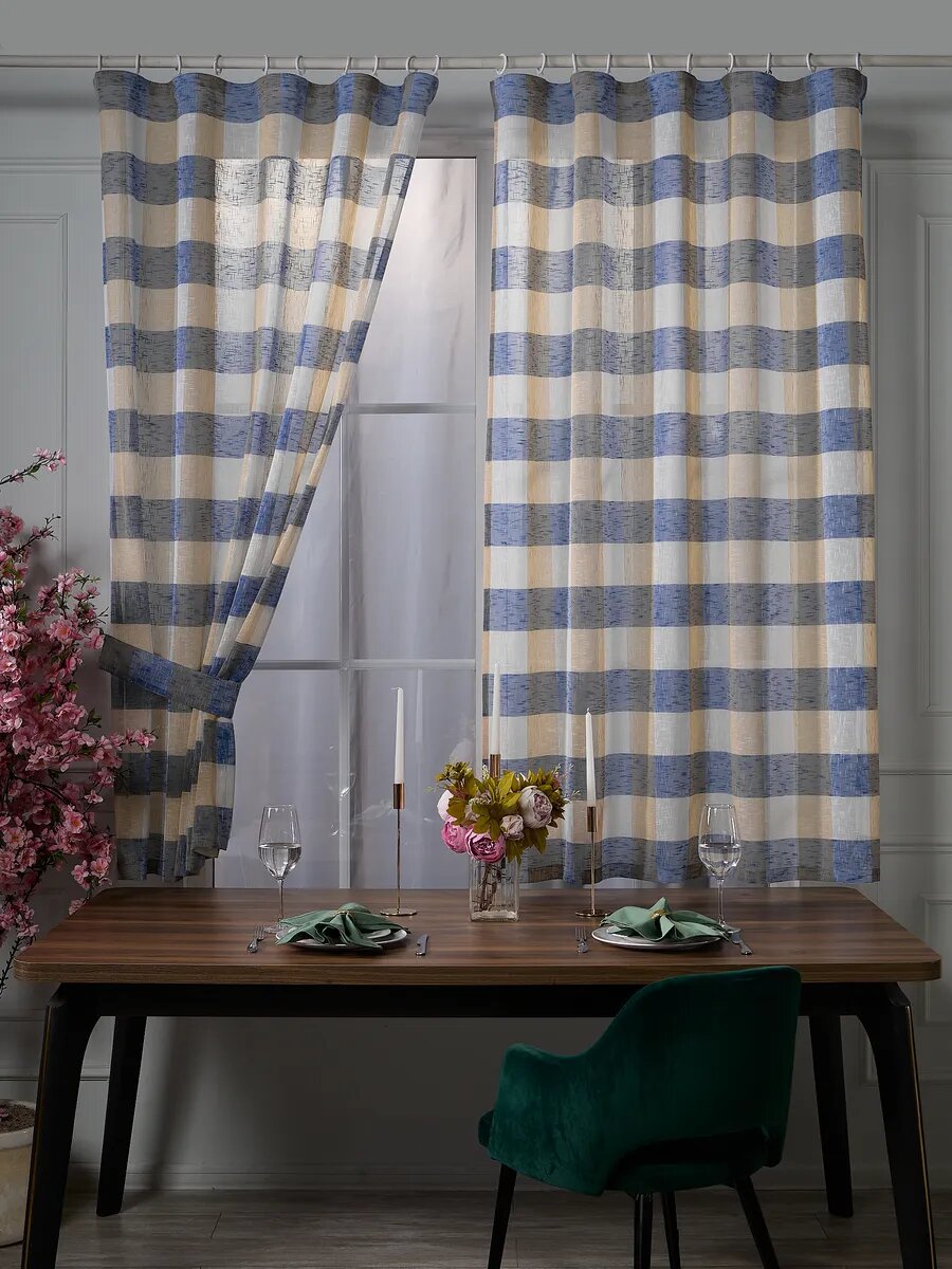 Тюль короткий для кухни SANPA HOME, под лен, 145х180 комплект 2шт, шторная лента