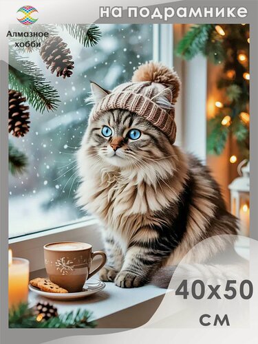 Изображение товара Алмазная мозаика на подрамнике Кот у окна 40х50