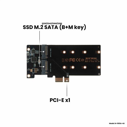 адаптер переходник плата расширения для ssd 12 16 pin i e 3 0 х1 x4 x8 x16 nfhk n 2013x Адаптер-переходник (плата расширения) для установки 2 накопителей SSD M.2 2230-2280 SATA (B+M key) в слот PCI-E х1, черный, NFHK N-1061A-4U