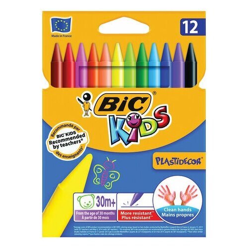 фото Bic мелки пластиковые bic plastidecor , 12 цветов, ультрапрочные, круглые, картонная упаковка, подвес, 945764