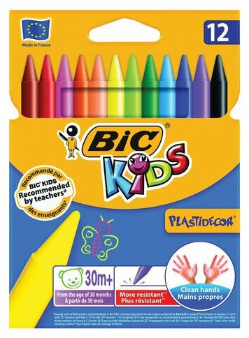 BIC Мелки пластиковые bic plastidecor , 12 цветов, ультрапрочные, круглые, картонная упаковка, подвес, 945764