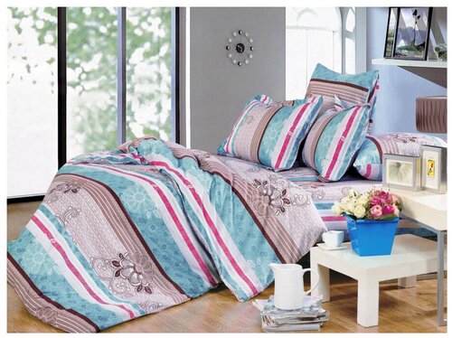 Комплект постельного белья СайлиД A-138, 2-спальное, поплин, голубой/коричневый