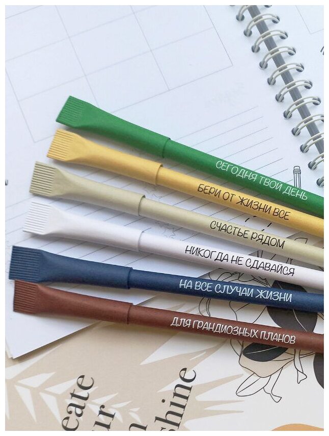 Подарочный набор крафтовых ручек из переработанного картона с прикольной мотивирующей надписью / 6 штук / Крафт эко-ручки из бумаги
