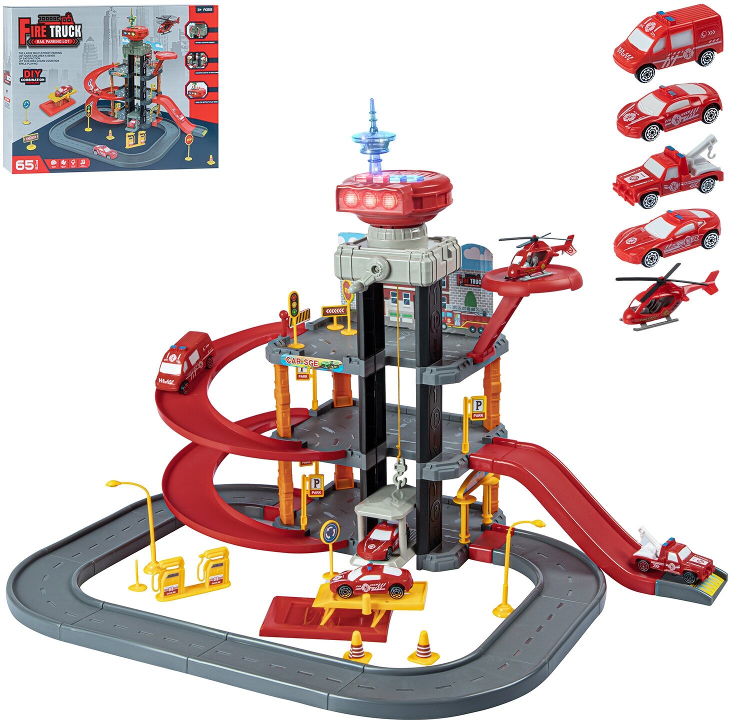 Парковка "Пожарная" с лифтом/ручной механизм, в комплекте машинки/вертолет, свет, звук, JB0404646