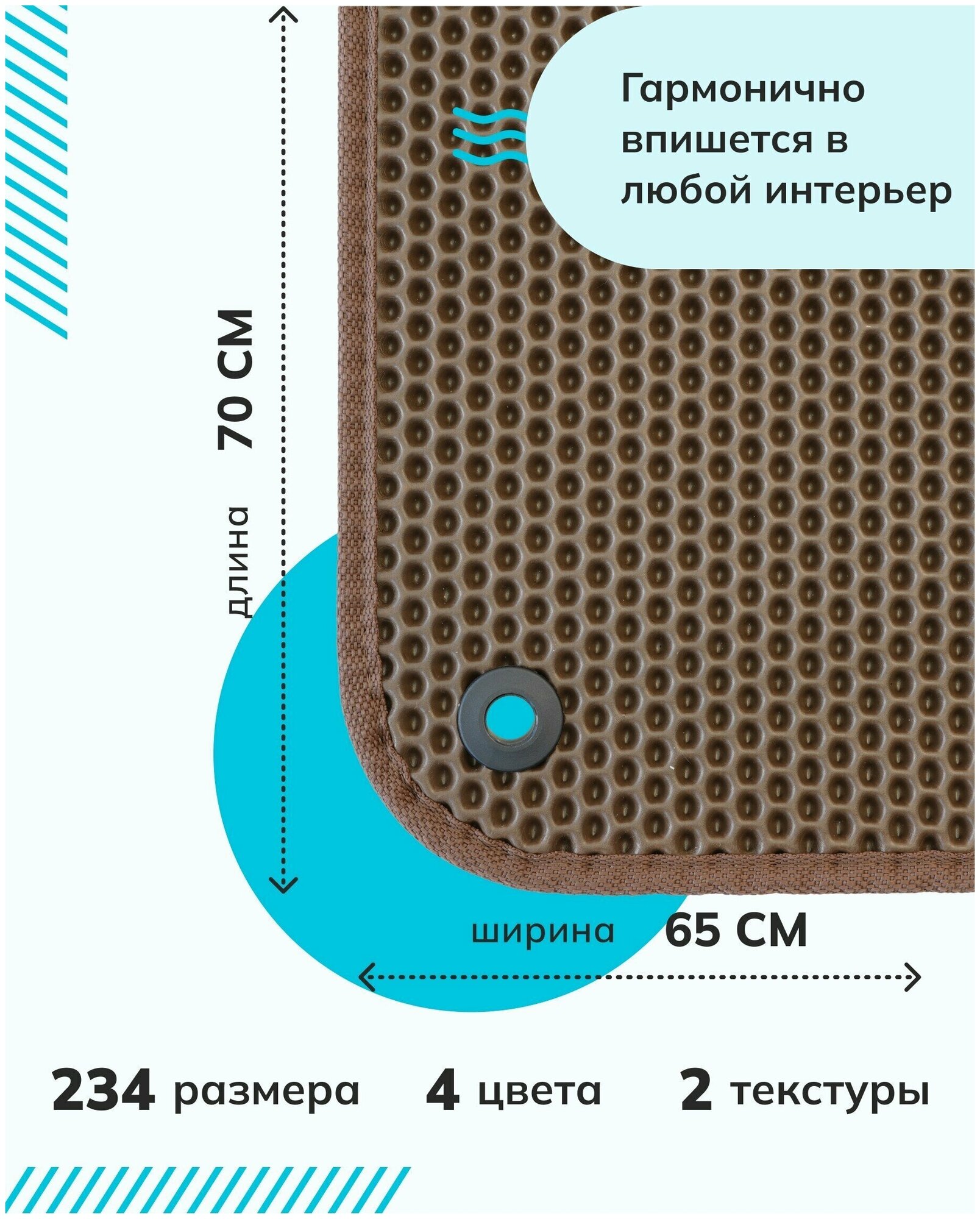 Грязезащитный придверный резиновый коврик в прихожую из EVA для обуви, для ванной, туалета, 0.65 х 0.7 м, коричневый сота - фотография № 2