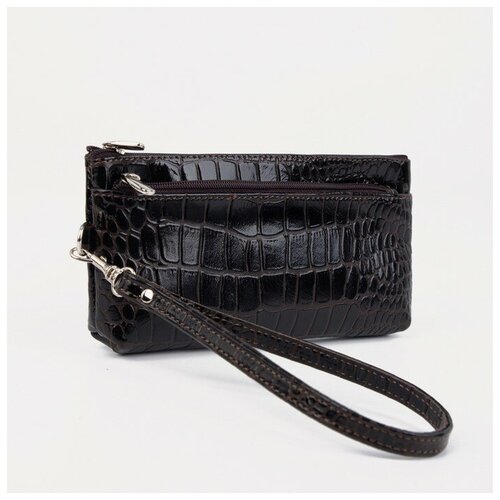 фото Кошелек , натуральная кожа, лаковая фактура, на молнии, 2 отделения для банкнот, черный, коричневый максим