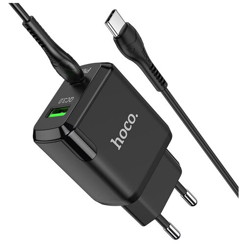 фото Зарядное устройство hoco favor с 2-мя скоростными портами type-c pd20w + usb qc3.0 18w, набор с кабелем type-c на lightning, цвет черный