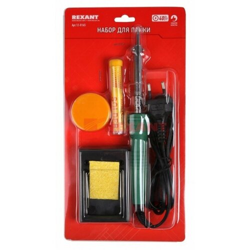 Набор для пайки 11 паяльник 30Вт подставка губка для удаления припоя канифоль припой Rexant 12-0165 10 шт 2422000₽
