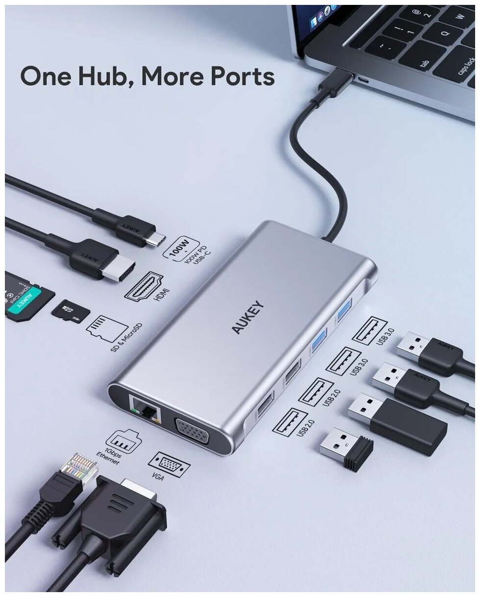 Адаптер Aukey CBC89 10в1 USB C Hub with 4K HDMI VGA серебристый