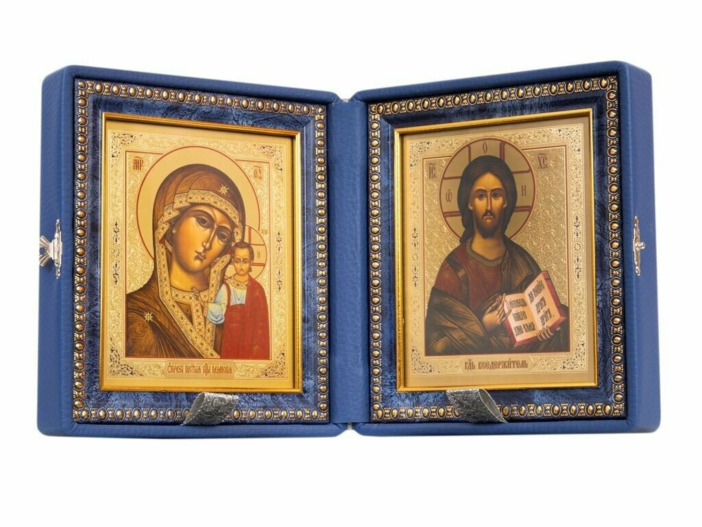 Складень венчальный: синяя экокожа, вышивка, стекло / Пара икон Богородица Казанская и Спаситель