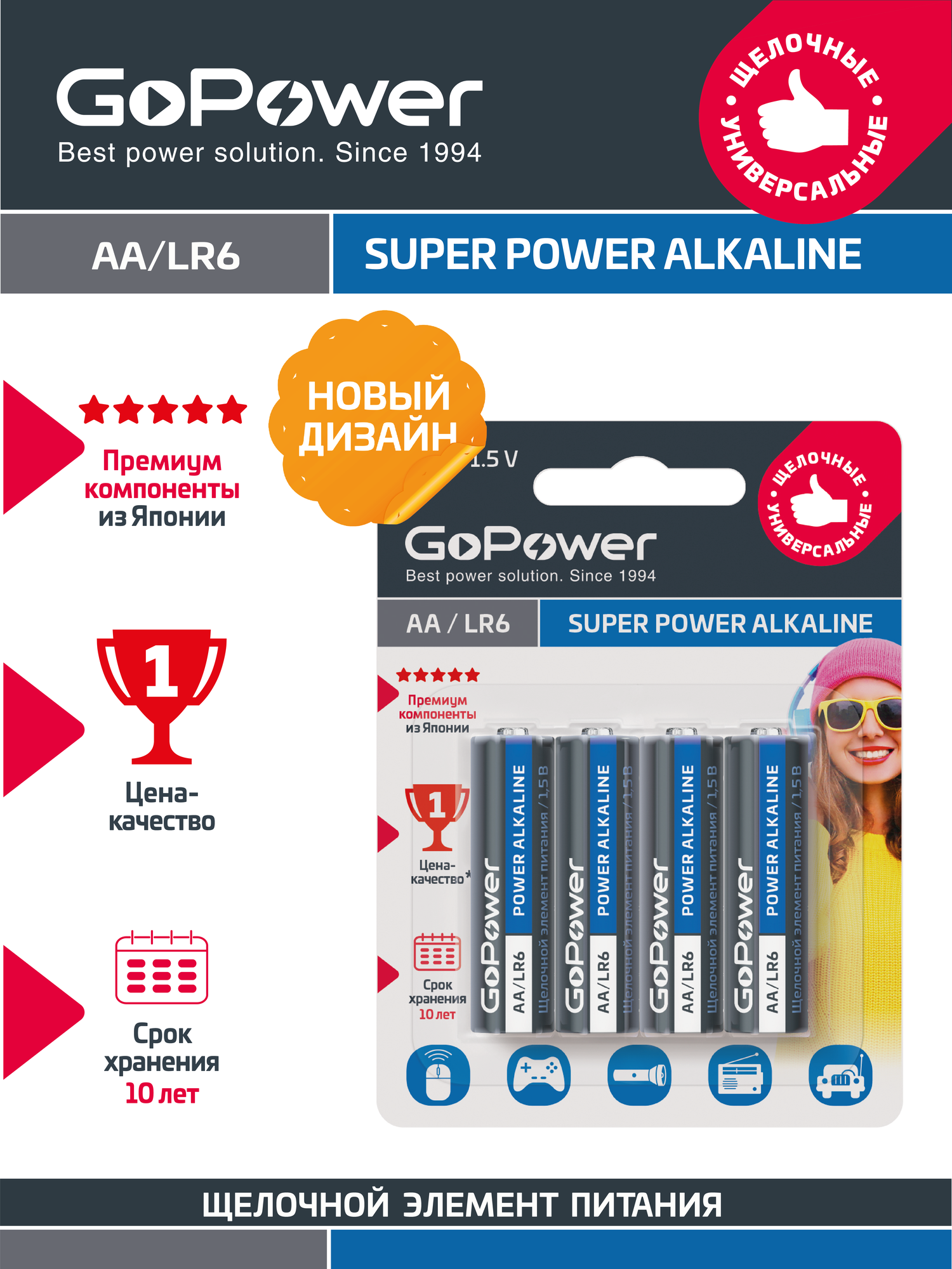 Батарейка GoPower LR6 AA BL4 Alkaline 1.5V (пальчиковая) - 4 шт.