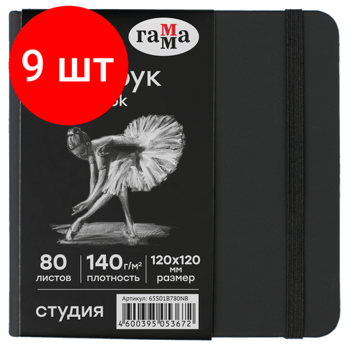 Комплект 9 шт Скетчбук 80л 120120 Гамма Студия черный твердая обложка на резинке черная 140гм2 3086₽